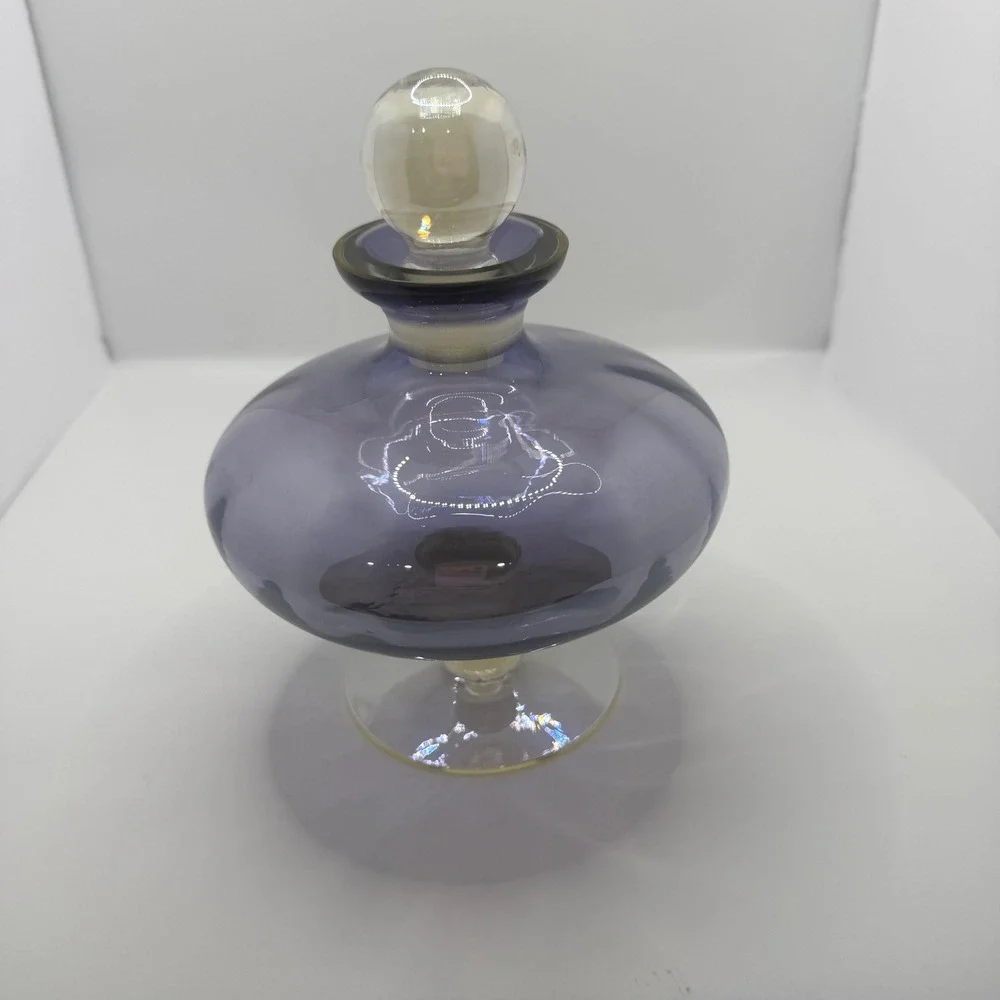 Hand Blown Art Glass Decanter Smoky Purple Glass Bottle Stopper Mid Century 7